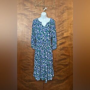 Talbots Long Sleeve Tiered Midi Dress Womens 12 Blue Floral Belted Viscose